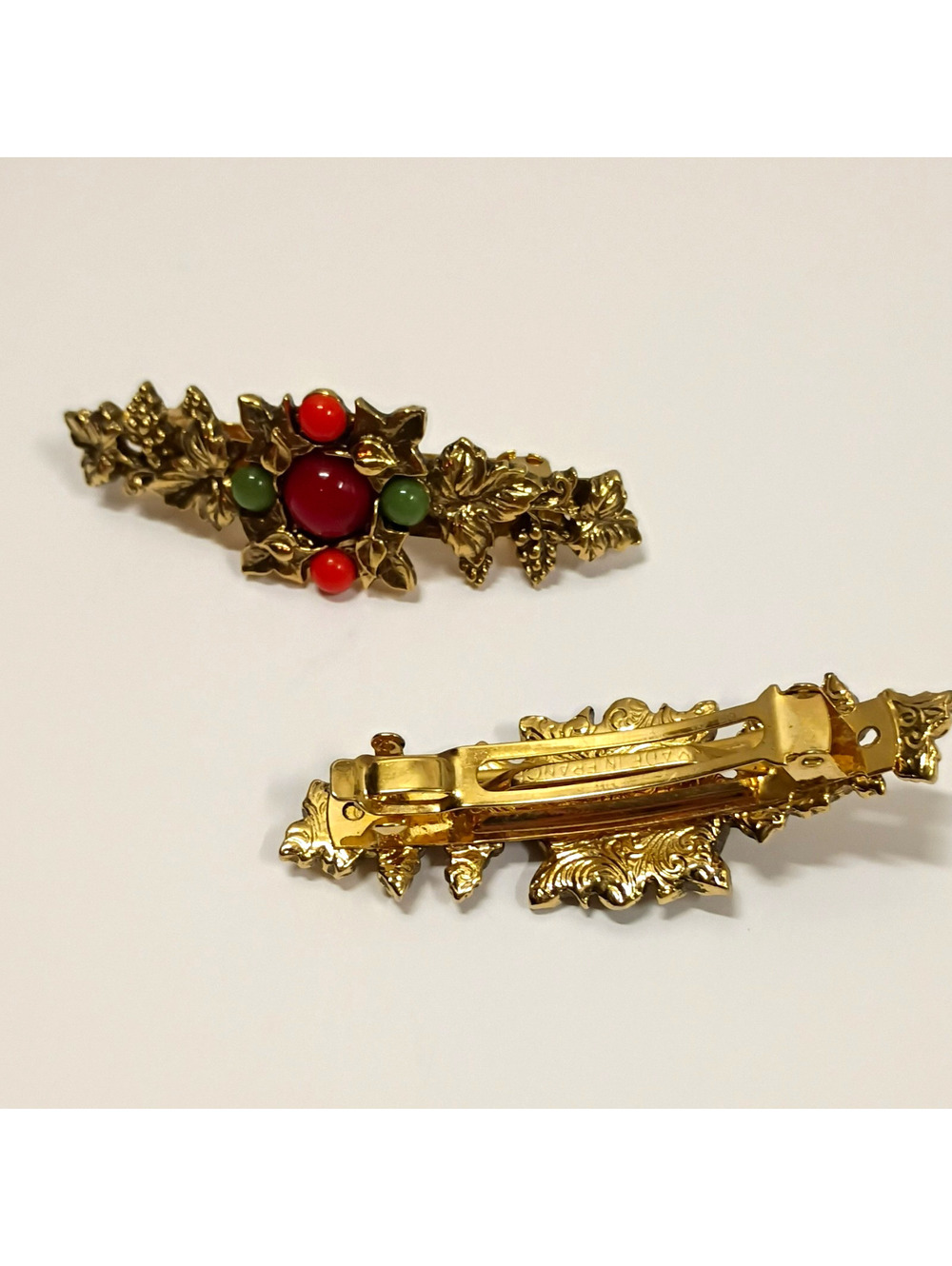 Vintage Art Nouveau Hair Barrette Clip Made in France~Set of 2~Metal Cabachon